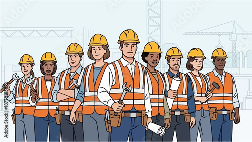 A diverse group of construction workers wearing hard hats and safety vests, standing together as a team on a job site.