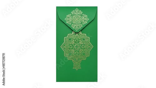Single green angpao envelope with floral Islamic design isolated