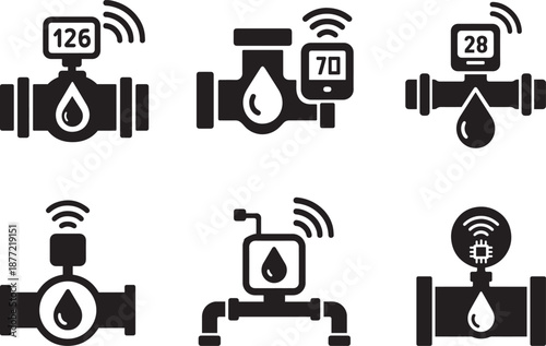 Smart water meter and valve monitoring icons set for IoT flow measurement systems
