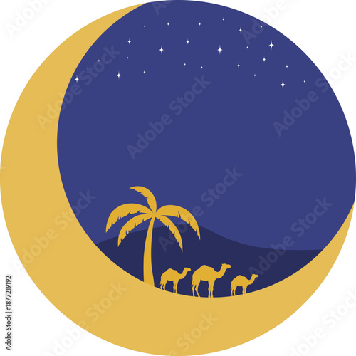 islamic crescent moon with camel silhoutte