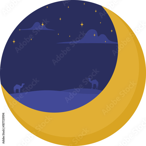 isra miraj crescent moon with camel silhoutte in desert