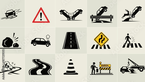 Collection of Road Safety and Traffic Accident Icons.
