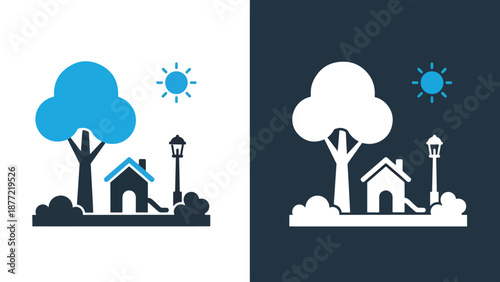 Winter home village scene flat design vector illustration. Blue icon bundle. Line and glyph icon set. Outline and solid icon collection. Editable Stroke Flat Vector