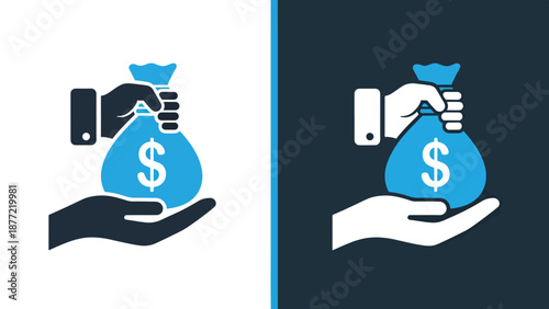 Money saving hands holding dollar bag vector illustration flat design. Blue icon bundle. Line and glyph icon set. Outline and solid icon collection. Editable Stroke Flat Vector
