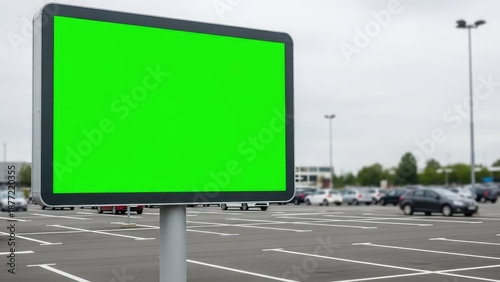Blank green billboard in parking lot.