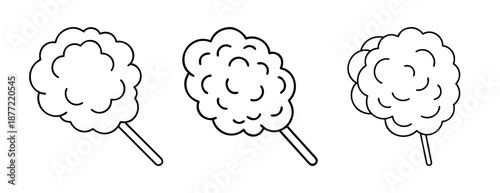 Three simple black and white outline illustrations of fluffy cotton candy