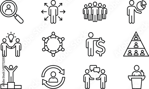 Business and Organization Icons Set Featuring Teamwork, Leadership, Communication, Finance, and Workflow for Management and Strategy Design