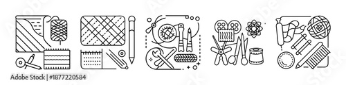 Outline Icons for Sewing, Knitting, and Crafting Hobby Tools Set