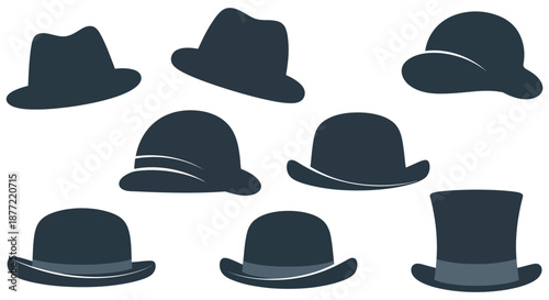 A collection of various stylish hats displayed in dark shades presenting a classic silhouette