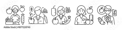 Line art icons of nutritionists and healthy eating concepts
