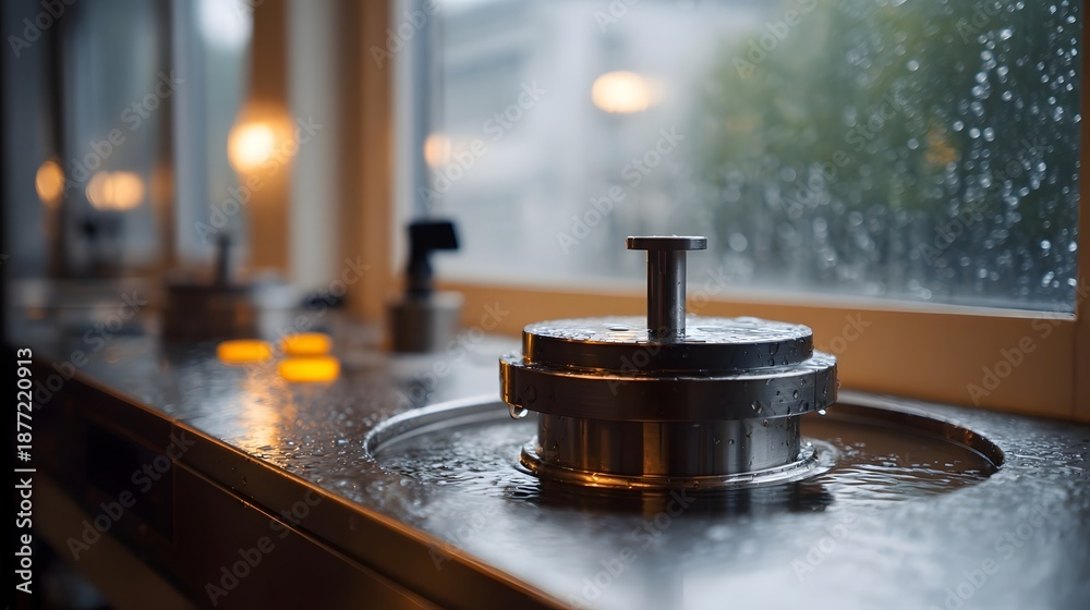 Obraz premium Industrial lab equipment submerged in water on a wet counter with rain visible through the window