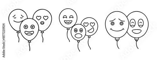 Outline illustrations of nine diverse emoji balloons with expressive faces