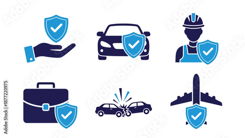 Insurance and Travel Protection Vector Icon Set Flat Design. Blue icon bundle. Line and glyph icon set. Outline and solid icon collection. Editable Stroke Flat Vector