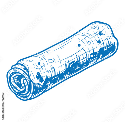 blue illustration of a rolled up sushi burrito on white background