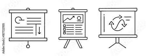Three outline presentation boards displaying business charts and process