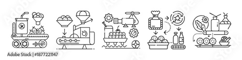 Set of outline icons for innovative food production and processing