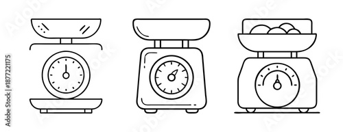 Collection of three minimalist kitchen scales line art on white background