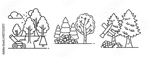 Simple line art illustrations showing trees, logging, and cannon in nature.
