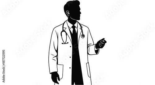 A striking monochrome depiction of a male doctor wearing a lab coat a detailed silhouette