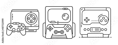 Three distinct video game consoles with controllers line art illustration