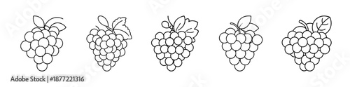 Five simple black outline grape bunches with leaves and tendrils on a