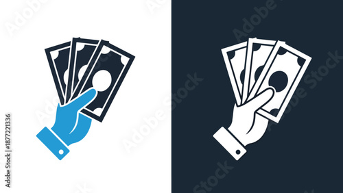 Money growth hand holding cash vector illustration. Blue icon bundle. Line and glyph icon set. Outline and solid icon collection. Editable Stroke Flat Vector