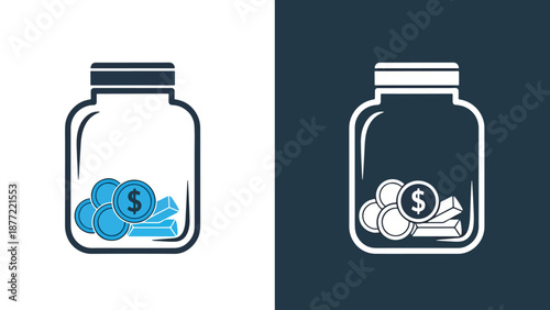 Money jar savings flat design vector illustration icon set. Blue icon bundle. Line and glyph icon set. Outline and solid icon collection. Editable Stroke Flat Vector