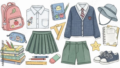 Collection of School Uniform Items and Supplies.