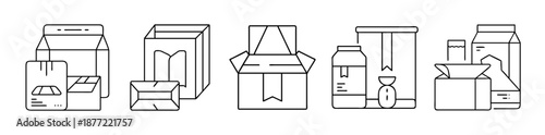 Set of Various Packaging and Dispensing Line Art Icons on White Background