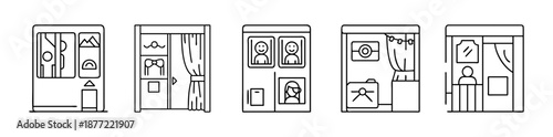 Modern line art icons of photo booths and studio setups on white