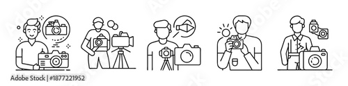 Line art icons of photographers with cameras and videography equipment