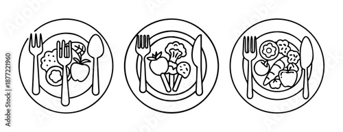 Three minimalist line art plates featuring healthy food and dining utensils
