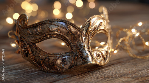 A golden mask resting on a wooden surface, with a blurred background of twinkling lights. The mask, with intricate designs, sets a mysterious and alluring mood.