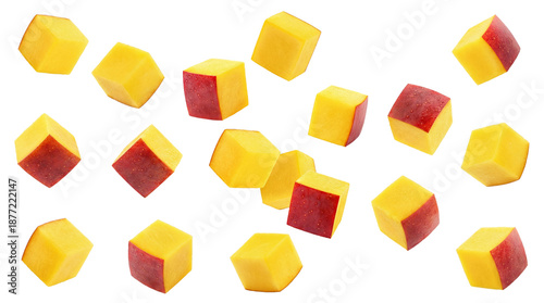 Fotografía close-up photograph of precisely cut mango cubes with distinct red peel segments, artfully scattered against a deep transparent background, conveying freshness and vibrant flavor