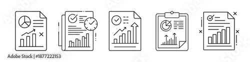 Outline icons depicting business reports, data analysis, and financial