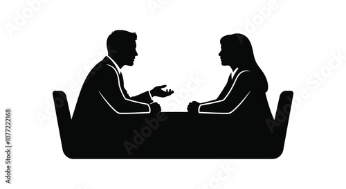 A formal conversation between a man and a woman depicted in striking black silhouette