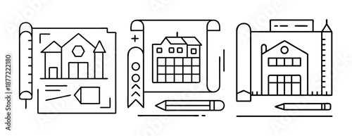 Conceptual line art showing architectural plans, houses, and construction