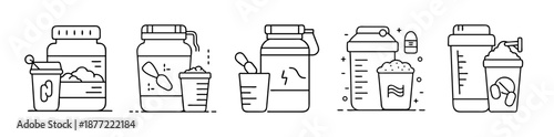 Vector line icons showing protein supplements, shaker bottles