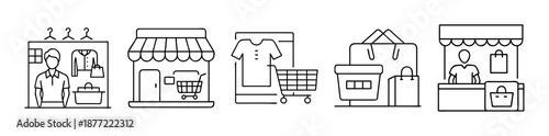 Set of black outline shopping and retail icons isolated on white background