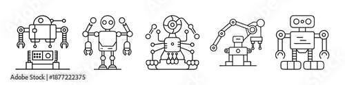 Collection of five outline robot icons isolated on white background