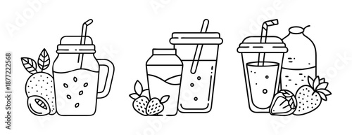 Hand-drawn line art illustrations of fruit smoothies and fresh juices