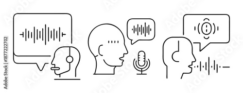 Line art illustration of sound communication processes and voice