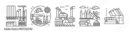 Set of five industrial production and manufacturing line art
