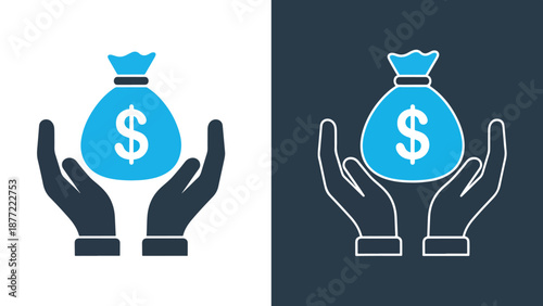 Hands holding money bag vector illustration flat design. Blue icon bundle. Line and glyph icon set. Outline and solid icon collection. Editable Stroke Flat Vector