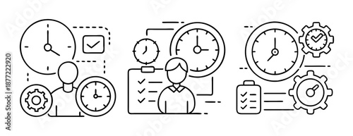 Productivity and time management line icons featuring clocks, gears