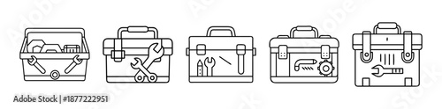 Line art illustrations of various toolboxes filled with repair and hand