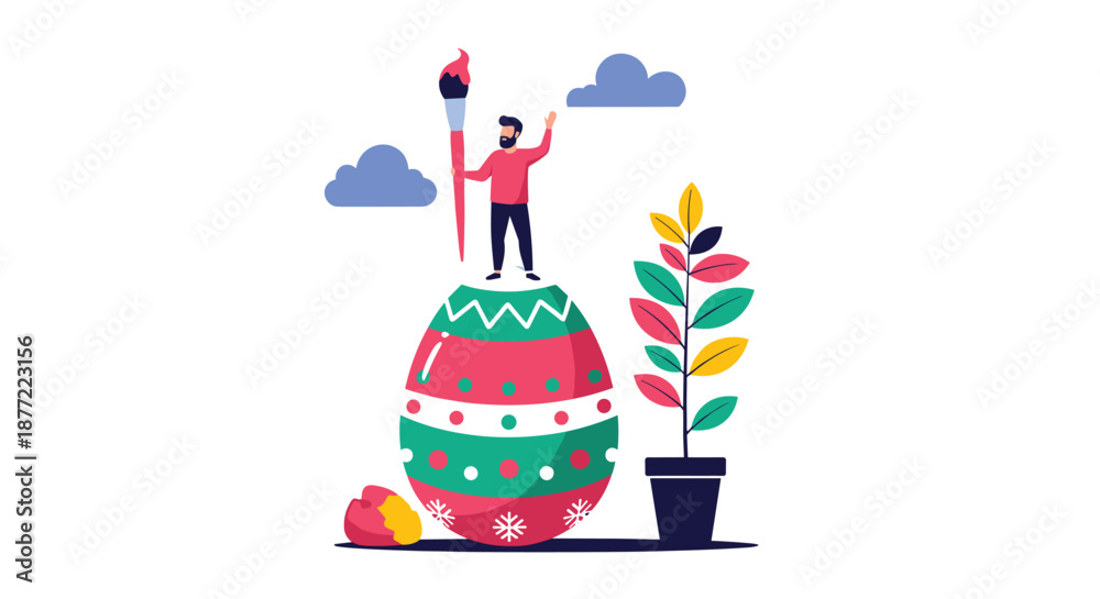 Obraz premium Artist standing on top of a giant decorated Easter egg painting it with a brush next to a potted plant in a flat style.