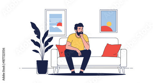 Pensive bearded man sitting on a white sofa in a modern minimalist living room with colorful abstract art on the wall.