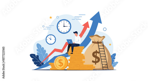 Businessman sitting on a stack of gold coins working on a laptop with an upward growth arrow and a large money bag.