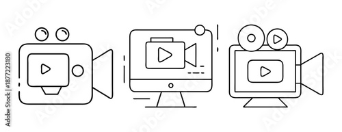 Isolated black line art video production and streaming icons